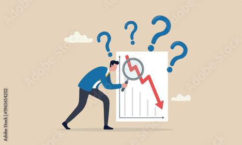 Market crash from failure recession data, analyze or measure investment downturn concept, businessman analyst using magnification glass to look at red crash graph arrow