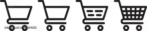Four black shopping cart with different basket and wheel configurations on a white background Keywords: shopping, cart, trolley, ecommerce, retail