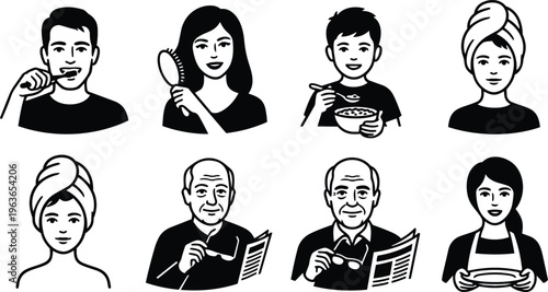 Black and white line art icons of people doing morning routines brushing hair eating cereal reading newspaper holding plate