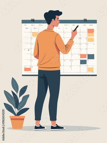 Illustrazione vettoriale di una donna di spalle che indica un calendario. Concetto di pianificazione, organizzazione, gestione del tempo, appuntamenti e lavoro, ideale per business, ufficio e produtti