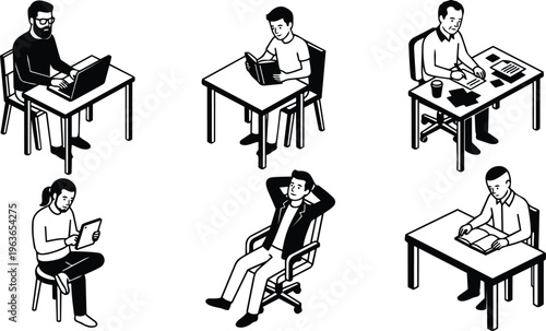 Black and white line art six people at desks reading working and relaxing in office scene