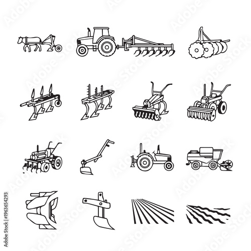 Agricultural Tillage Equipment Icons: Plows Cultivators Tractors and FieldsSimple Line Art