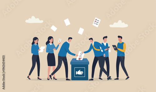 Voting, poll or employee feedback questionnaire, politic choice, opinion or democracy, election customer survey, referendum concept, diverse red voting paper checkmark putting in vote box