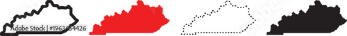 Four representations of the Kentucky state outline including solid black dotted line red fill and black outline Keywords: Kentucky, state, map