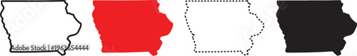Four visual styles of the Iowa state outline presented as solid black dotted line red fill and black outline Keywords: Iowa, state, map, outline