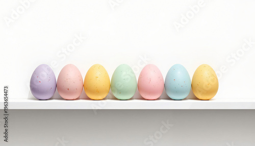  Perfectly shaped pastel Easter eggs lined up on a shelf.