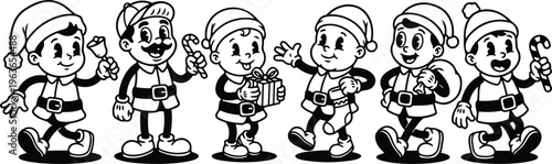 Retro cartoon christmas elves walking with candy canes gifts and sack in black and white