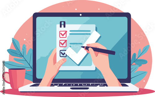 Finestra del browser dell'elenco di controllo. Segno di spunta. Segno di spunta bianco sullo schermo del laptop. Scelta, concetti di indagine. Elementi per banner web, siti web, vettoriale