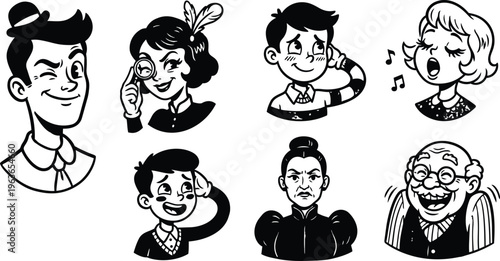 Retro cartoon headshots set eight expressive faces in black and white line art