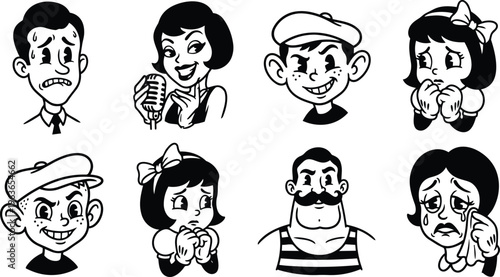 Retro black and white cartoon character face set including singer with microphone and mustached strongman