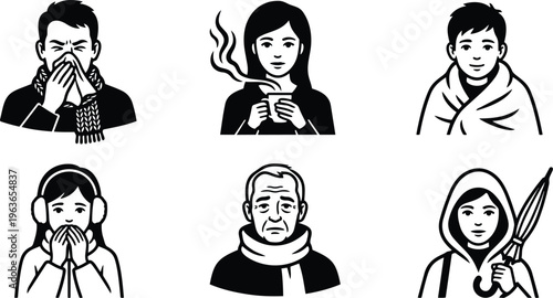 Black and white vector art six winter people icons showing scarf mug umbrella headphones