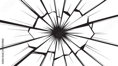 Radial pattern of sharp black lines emanating from a central black circle resembling a shattered glass or explosion effect Keywords: shattered