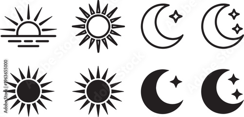 Set of black and white depicting the sun and moon in various stylized forms representing day night celestial bodies and weather cycles