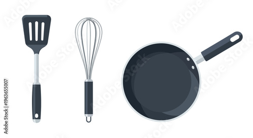 A set of kitchen utensils including a frying pan, whisk, and spatula on a white background