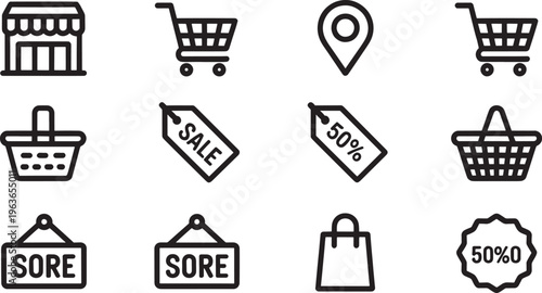 Set of black and white outline for shopping and retail including a store building shopping carts baskets sale tags and shopping bags with
