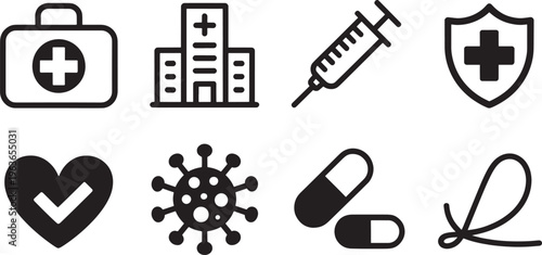 Set of black and white representing healthcare and medical concepts including a first aid kit, hospital, syringe, shield, heart, virus, and pills