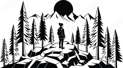 Black and white line art hiker standing on rocky outcrop facing mountain sun with tall pines backlit