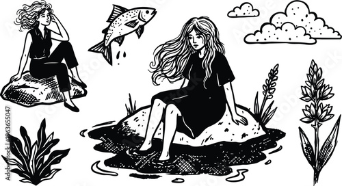 Black and white line art two women sitting on rocks by pond with jumping fish and plants