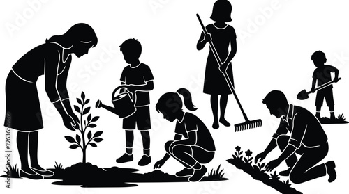 Silhouette family planting tree and gardening together with watering can and rake black and white