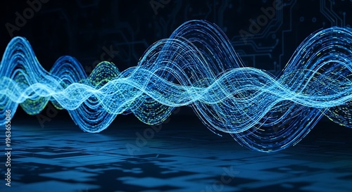 Abstract futuristic digital sound wave visualization with blue glowing particle streams on a dark textured background, representing data flow and advanced technology