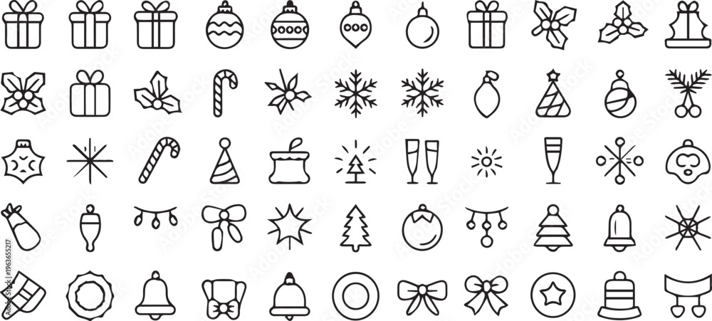 Naklejka premium Christmas icons, holiday symbols, 40 black line art graphics, festive decorations, vector illustrations