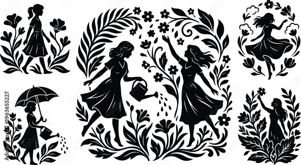 Fototapeta premium Silhouette floral scenes with women watering dancing and picking flowers in black and white vector