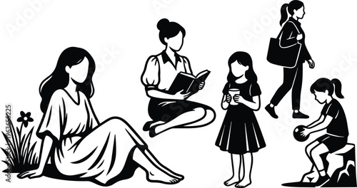 Black and white line art woman sitting on grass with flower reading woman kneeling holding book and girl with cup