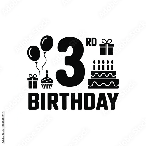 A black graphic celebrating a third birthday with balloons and gifts