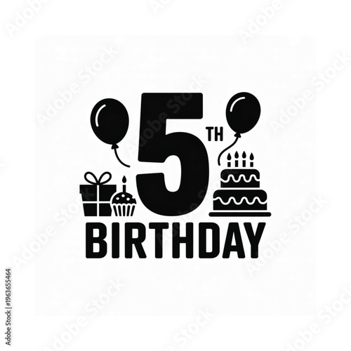 A fifth birthday celebration design with balloons cake and gifts