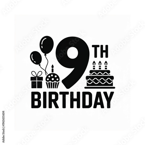 A ninth birthday celebration graphic with balloons cake and gifts