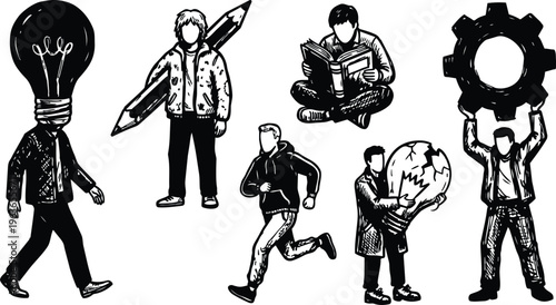 Black and white line art group with lightbulb head pencil reader runner and gear bearer