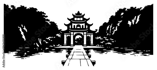 Traditional Asian pagoda temple at the end of a stone path surrounded by trees in black and white vector style
