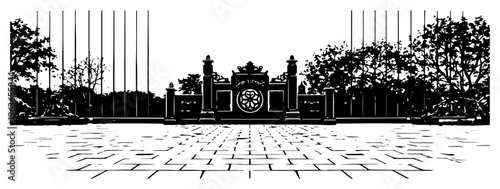 Wide view of a traditional oriental courtyard with a decorative gate and stone pavement in black and white vector