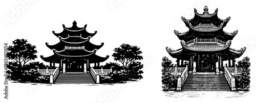 Traditional oriental pavilion architecture with stairs and trees in detailed black and white vector illustration