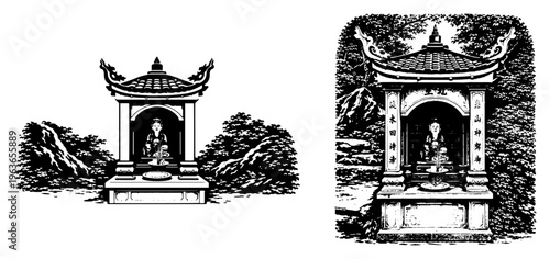 Traditional oriental shrine altar with buddha statue in black and white vector illustration