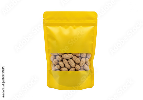 Yellow pouch displaying roasted coffee beans inside transparent window