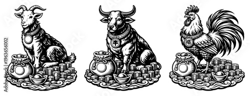 Collection of chinese zodiac animals goat ox and rooster sitting on gold coins for wealth and luck