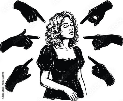 Black and white line art woman with curly hair and eyes closed surrounded by pointing hands