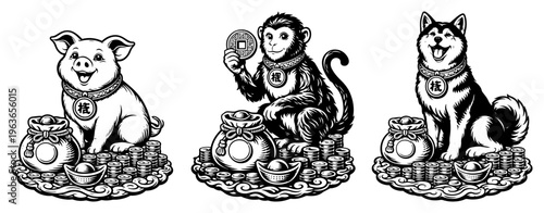 Set of Chinese zodiac animals pig monkey and dog with wealth symbols in woodcut style