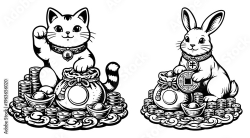 Japanese lucky maneki neko cat and rabbit with money bags in traditional woodcut style