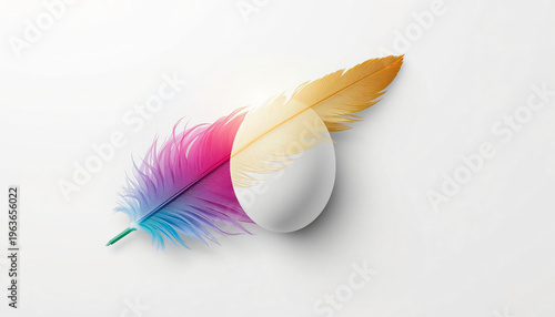 White egg and vibrant feathers in a minimalist and cheerful composition.