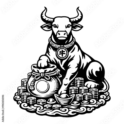 Powerful ox zodiac animal sitting with a bag of money and coins in woodcut style