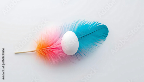 Decorative egg with colorful feathers on a light and neutral surface.