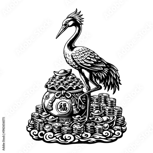 Elegant crane bird standing with money bag and gold coins in black and white vector style