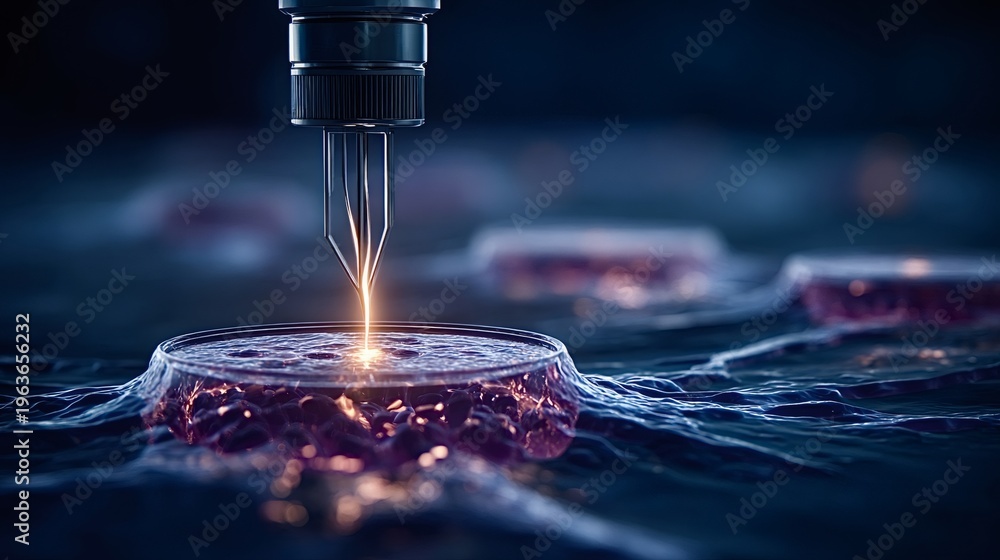 Fototapeta premium Advanced robotic arm manipulating cells in a petri dish with a laser for biotechnology research, representing innovation in medicine and microscopic science