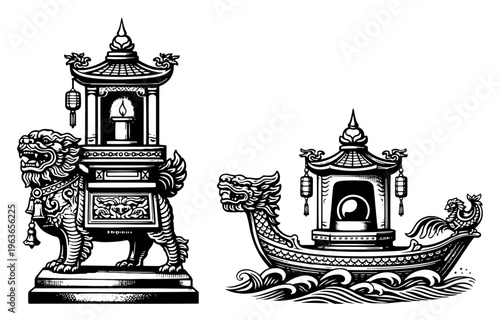 Imperial guardian lion foo dog and dragon boat carrying ornate shrines in woodcut style