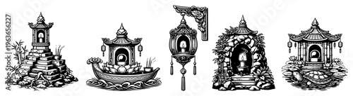 Collection of traditional Asian architectural elements including shrines lanterns and ceremonial boats