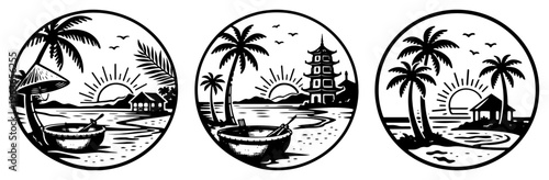 Set of circular tropical coastal badges with palm trees pagodas and traditional basket boats