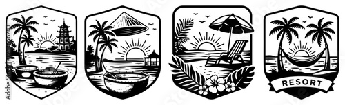 Collection of tropical resort shield badges with palm trees beach chairs and hibiscus flowers