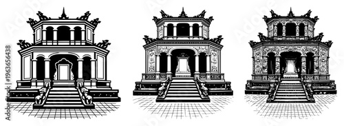 Set of traditional Asian pavilion gates with ornate roofs and stairs in woodcut vector style